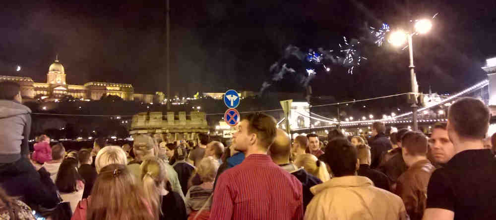 Fireworks in front of chain bridge Budapest saint istvan day Hungary